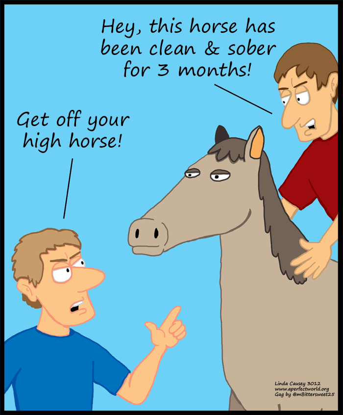 Get off your high horse! Hey! This horse has been clean and sober for three months!